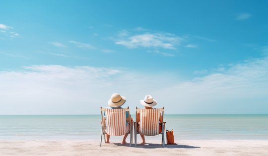 An einem weißen, einsamen Strand vor türkisblauem Meer sitzen ein Mann und eine Frau mit Sonnenhut im Liegestuhl 