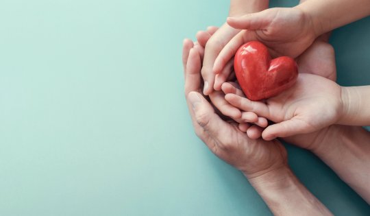 adult and child hands holding red heart on aqua background, heart health, charity volunteer donation, CSR concept, world heart day, world health day, family day, foster care home
